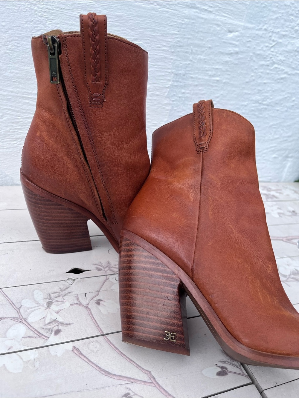 Sam Edelman Cognac Leather Pointed-Toe Ankle Boots